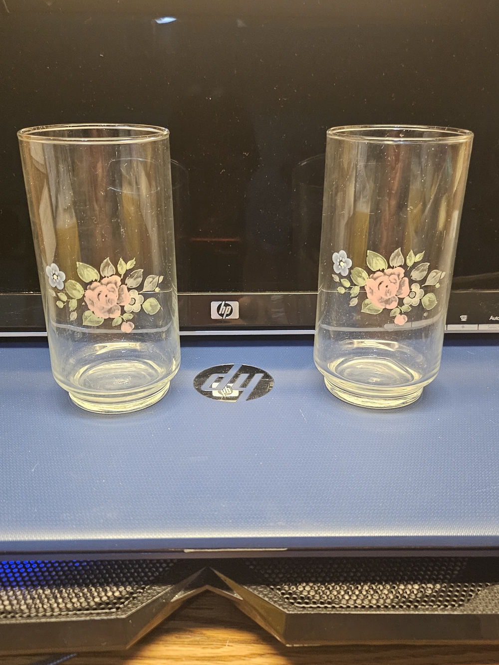 Pfaltzgraff Clear Glass Tumblers with Pink Rose and Green Leaves (Pair)